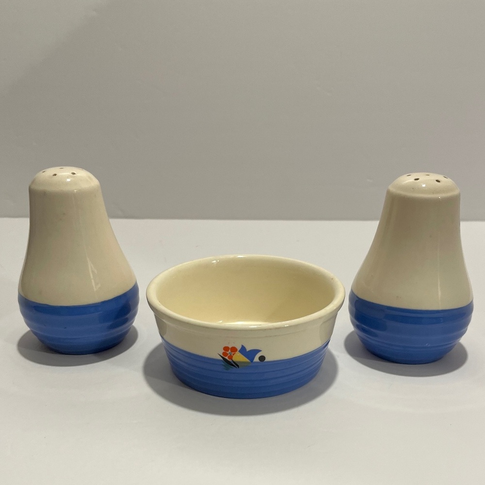 Universal Potteries Blue Bell Salt & Pepper Shakers and Circus Pattern Bowl
